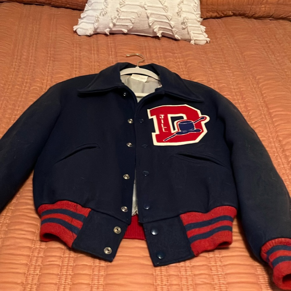 Vintage duncanville Navy Letterman Jacket with Red Trim